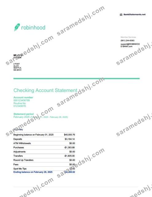 USA Robinhood Banking account statement Word and PDF template